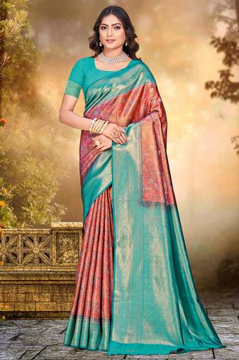 Sangam prints red silk woven work traditional saree