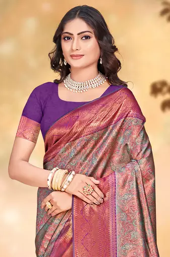 Sangam prints purple silk woven work traditional saree