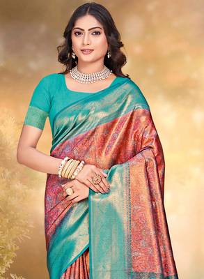 Sangam prints red silk woven work traditional saree 2
