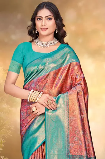 Sangam prints red silk woven work traditional saree