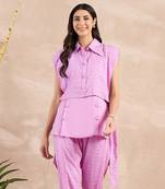 Purple solid texture herringbone sleeveless bib cover-up top