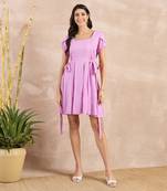 Purple solid texture herringbone side strap short dress