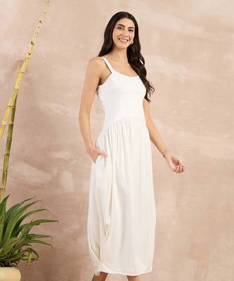 Off-white solid texture herringbone mid length dress 3
