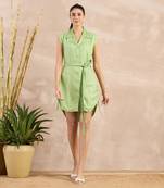 Pastel green solid texture dress with belt