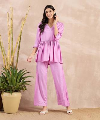 Purple herringbone v-neck peplum top and flared trouser set 1