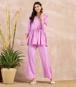 Purple herringbone v-neck peplum top and flared trouser set