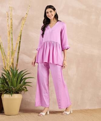Purple herringbone v-neck peplum top and flared trouser set 2
