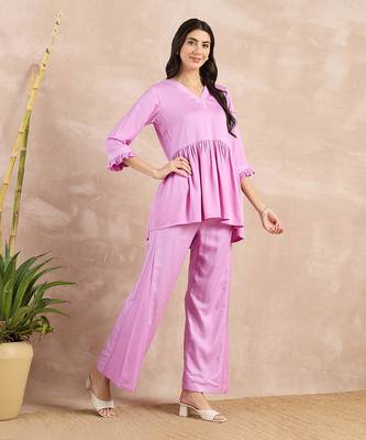 Purple herringbone v-neck peplum top and flared trouser set 3