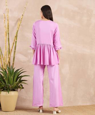 Purple herringbone v-neck peplum top and flared trouser set 4