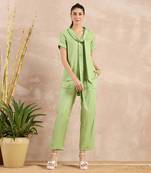 Pastel green herringbone high-low top with belt and trouser set
