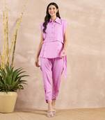 Purple high-low sleeveless top with herringbone bib and trouser set
