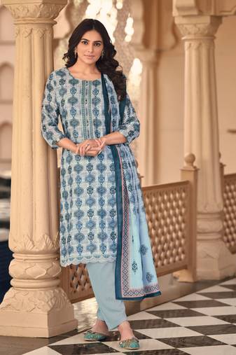 Blue Embroidered Linen Free Size Stitched Straight Pant Suit. (Size Upto 42) Free size full stitched Up To 42" Size