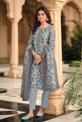 Grey Embroidered Linen Free Size Stitched Straight Pant Suit. (Size Upto 42) Up To 42" Size 1