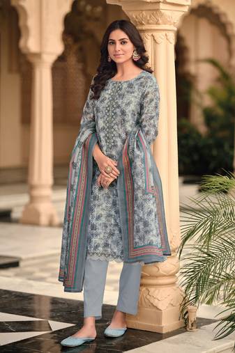 Grey Embroidered Linen Free Size Stitched Straight Pant Suit. (Size Upto 42) Up To 42" Size