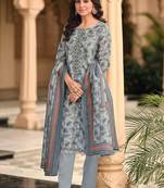 Grey Embroidered Linen Free Size Stitched Straight Pant Suit. (Size Upto 42) Up To 42" Size