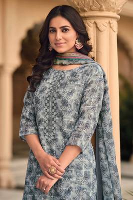 Grey Embroidered Linen Free Size Stitched Straight Pant Suit. (Size Upto 42) Up To 42" Size 2