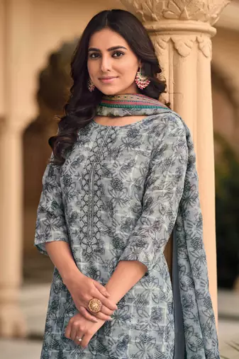 Grey Embroidered Linen Free Size Stitched Straight Pant Suit. (Size Upto 42) Up To 42" Size