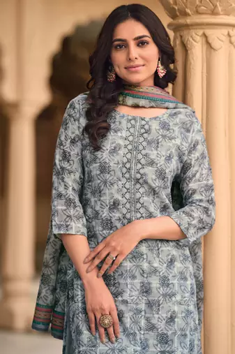 Grey Embroidered Linen Free Size Stitched Straight Pant Suit. (Size Upto 42) Up To 42" Size