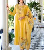Mustard Embroidered Cotton Free Size Stitched Straight Pant Suit. (Size Upto 42) Free size full stitched Up To 42" Size