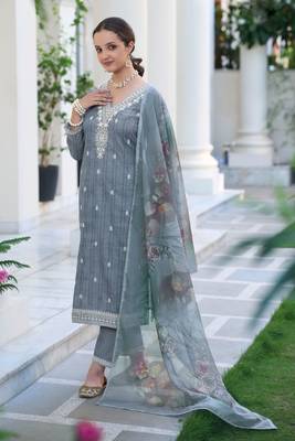Dusty Blue Embroidered Cotton Free Size Stitched Straight Pant Suit,Free size full stitched Up To 42 1