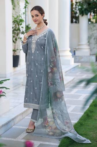 Dusty Blue Embroidered Cotton Free Size Stitched Straight Pant Suit. (Size Upto 42) Free size full stitched Up To 42" Size