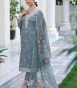 Dusty Blue Embroidered Cotton Free Size Stitched Straight Pant Suit. (Size Upto 42) Free size full stitched Up To 42" Size