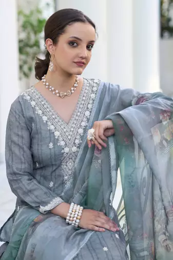 Dusty Blue Embroidered Cotton Free Size Stitched Straight Pant Suit,Free size full stitched Up To 42