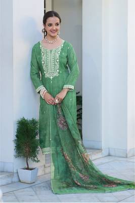 Green Embroidered Cotton Free Size Stitched Straight Pant Suit. (Size Upto 42) Free size full stitched Up To 42" Size 1