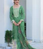 Green Embroidered Cotton Free Size Stitched Straight Pant Suit. (Size Upto 42) Free size full stitched Up To 42" Size