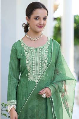 Green Embroidered Cotton Free Size Stitched Straight Pant Suit. (Size Upto 42) Free size full stitched Up To 42" Size 2