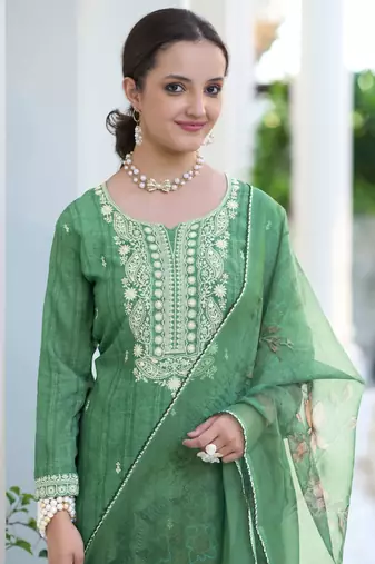 Green Embroidered Cotton Free Size Stitched Straight Pant Suit. (Size Upto 42) Free size full stitched Up To 42" Size