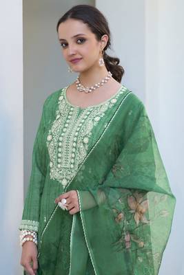Green Embroidered Cotton Free Size Stitched Straight Pant Suit. (Size Upto 42) Free size full stitched Up To 42" Size 3