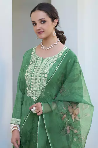 Green Embroidered Cotton Free Size Stitched Straight Pant Suit. (Size Upto 42) Free size full stitched Up To 42" Size