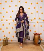 embroidered v-neck thread work silk bland kurta with trousers & dupatta (set of 3) wine colour