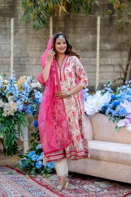 Beige- pink pure mal cotton  kurta pant 1