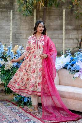 Beige- pink pure mal cotton  kurta pant 2