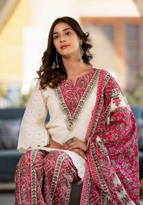 Beige-maroon cotton shifli kurta set 2