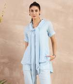 Sky blue herringbone high-low top with belt