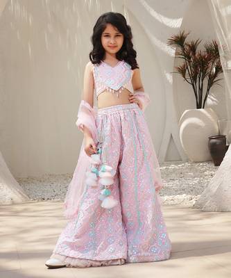 Pink Georgette Mirror Embroidered Top with Plazzo Pant for Girls 1