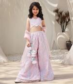 Pink Georgette Mirror Embroidered Top with Plazzo Pant for Girls