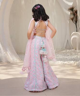 Pink Georgette Mirror Embroidered Top with Plazzo Pant for Girls 2