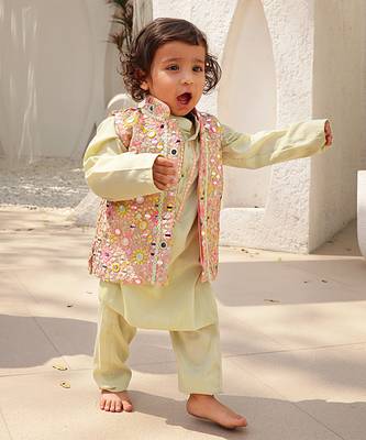 Pista green embroidered jacket with kurta and pant 1