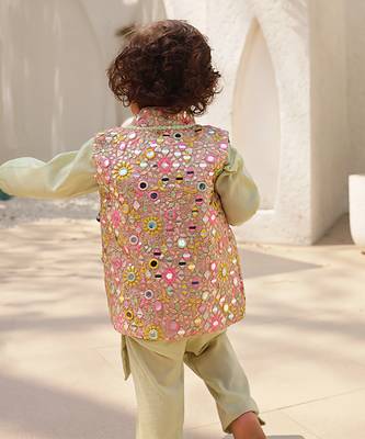 Pista green embroidered jacket with kurta and pant 2