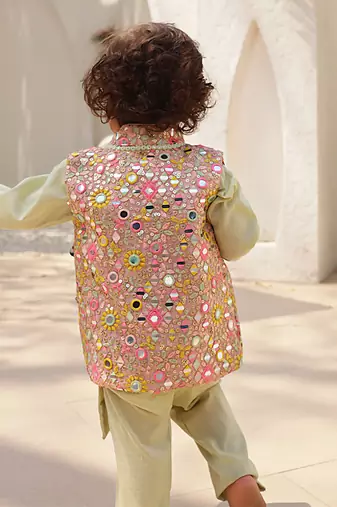 Pista green embroidered jacket with kurta and pant