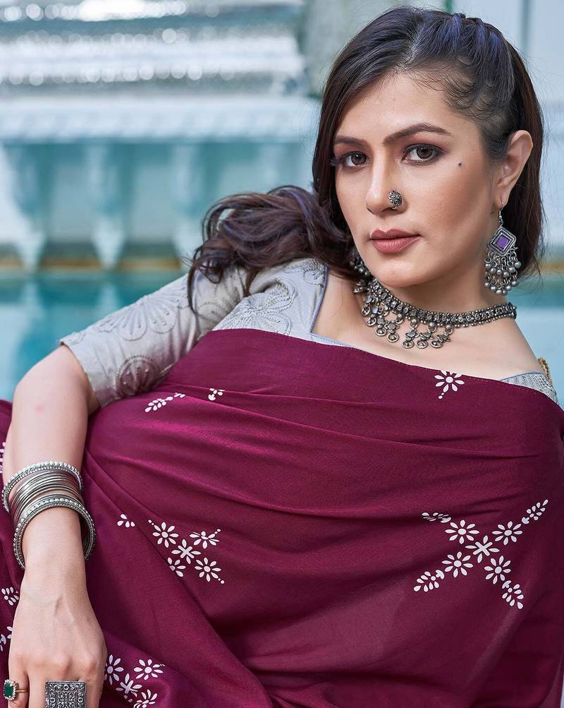 Blooming Batik Print Muslin Cotton Silk Saree with Floral Embroidered Blouse