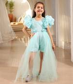 Blue sequence romper with trail