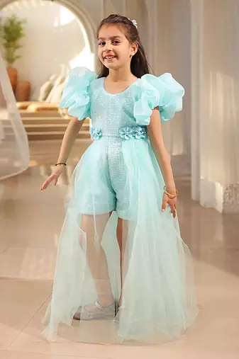 Blue sequence romper with trail