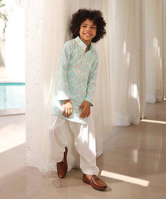Blue and off white mirror embroidered kurta with salwar 1