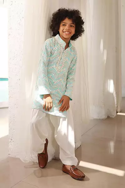 Blue and off white mirror embroidered kurta with salwar