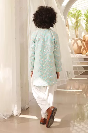 Blue and off white mirror embroidered kurta with salwar